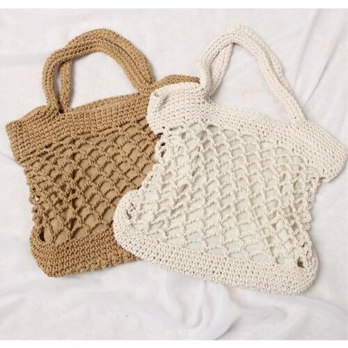 Popular Woven Beach Bag Mesh Rope Weaving Tie Buckle Reticulate Hollow Straw Bag Lined Net Shoulder Bag Retro Bohemian handbag