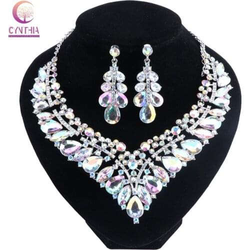 Simple AB Color Crystal Bridal Jewelry Sets Silver Color Rhinestone Earrings Necklace Sets for Women Wedding Accessories