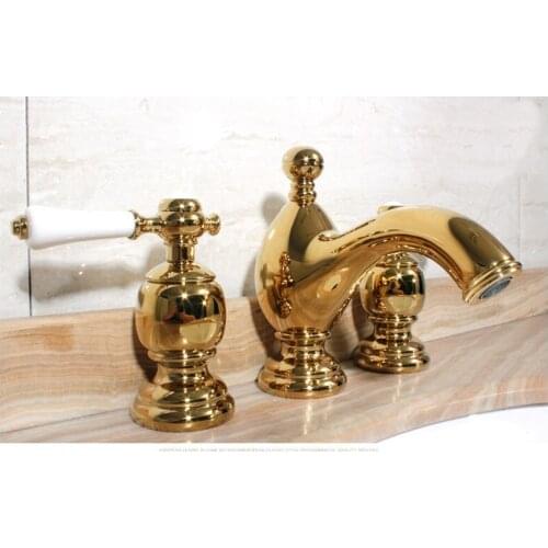 Luxury gold solid brass bathroom sink faucet Art design High quality basin mixer faucet tap Double handle Three holes faucet