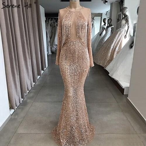 Rose Gold Mermaid Long Sleeve Evening Dresses 2020 Sequined Beading Tassel Evening Gowns Serene Hill DLA70037