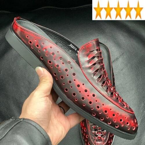 Out Summer Hollow Footwear Breathable Half Drag Sandal Mens Genuine Leather Flat Slip-On Casual Sandals Men Mules Shoes