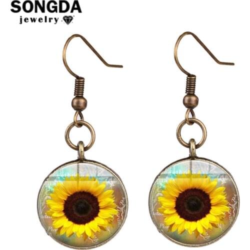 SONGDA Cute Golden Sunflower Drop Earrings Art Picture Crystal Glass Dome Fish Hook Dangle Earrings for Women Girls Accessories