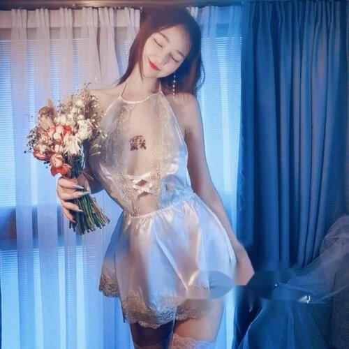 Sexy Womens Hollow Out Summer Nightdress Temptation Lace Sling Ice Silk Uniform Entice Sweet Underwear Exotic Dancewear ITGI