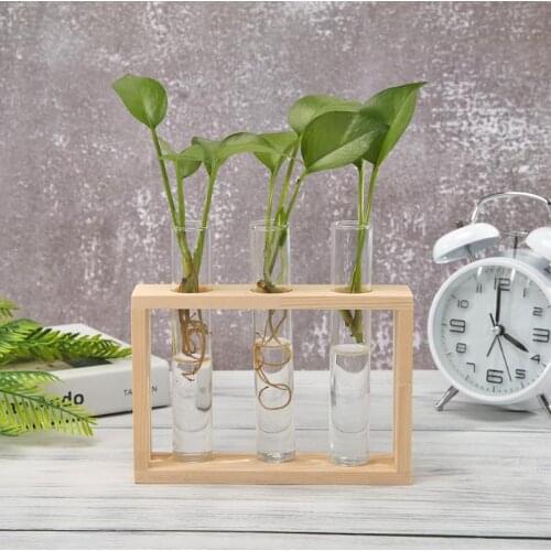 Creative Transparent Vase Glass Wooden Frames Hydroponic Flower Pot Bonsai for Household Living Rooms Office Delicate Decor
