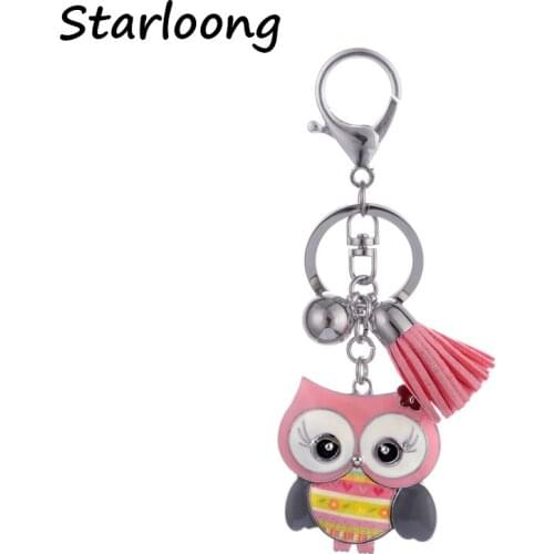 High Quality Drip Alloy Keychain Chaveiro Drop oil Glaze little cut pink owl KeyChain women stainless Key Ring