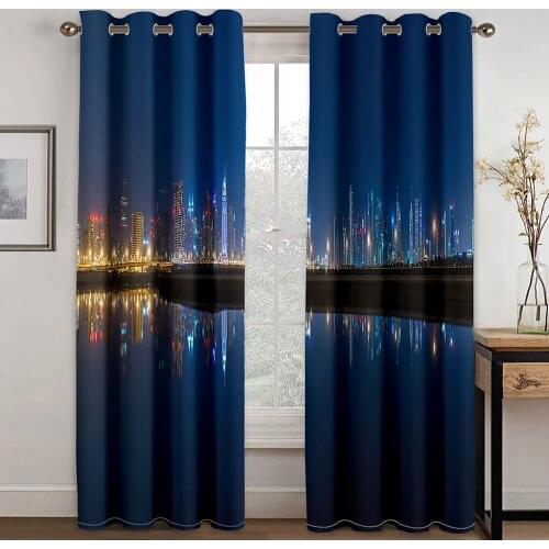 Custom High quality custom 3d curtain fabric blue night building curtains 3D Curtain Printing Blockout Polyester