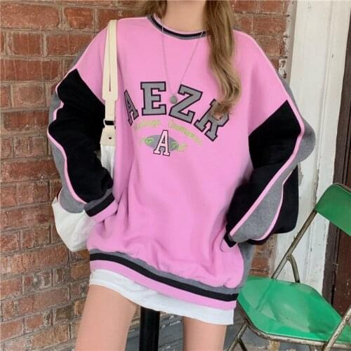 Harajuku Pink Embroidery Pullovers Women Oversized Crewneck Sweatshirt Lettered Printing Loose Korean Fashion Hoodies Female