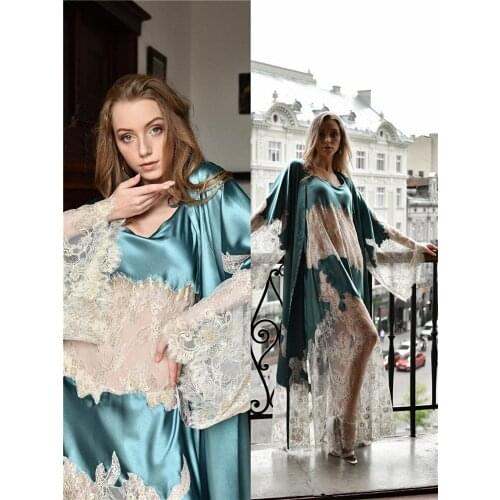 Ladies Silk Lace Stitching Two-Piece Bathrobe Long Sleeves V-Neck Solid Nightwear Sexy Beautiful Party Evening Sleepwear
