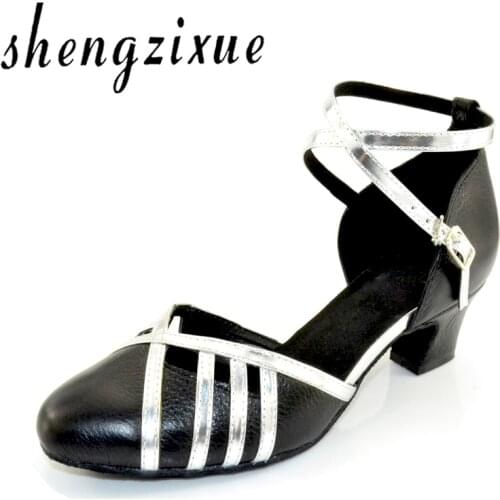 WUXIJIAO womens genuine leather shoes Silver PU Closed Toe Ballroom Dance shoes Soft Bottom Latin Dance shoes heel5/6/7cm