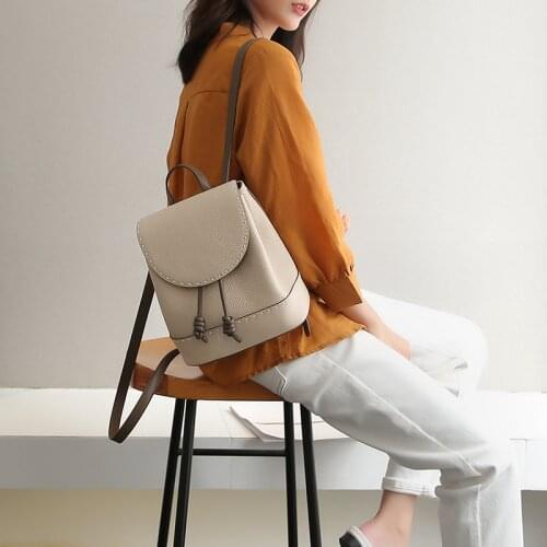 White Sewing Design Womens Backpack 100% Genuine Leather Preppy Schoolbag for Girls Beige High Quality Shoulder Bag Knapsack