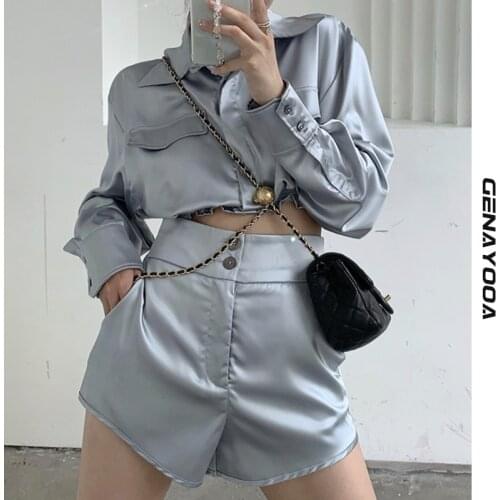 Genayooa Streetwear Two Piece Short Set For Women 2021 Long Sleeve Tracksuits Women Set Korean Fashion Top And Shorts Summer