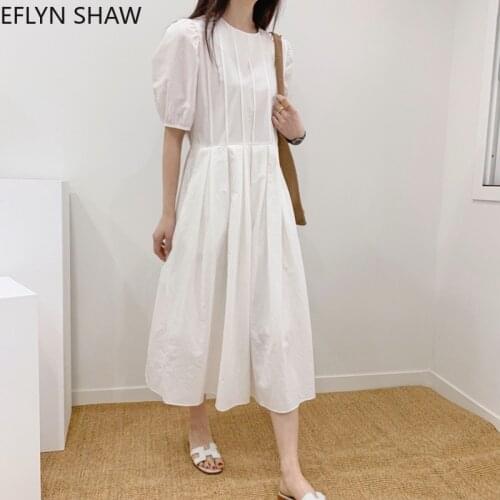 Women Dress Round Neck Pleated High Waist Dress Summer New Fairy Puff Sleeves Large Swing Dress Short Sleeves Long White Dress
