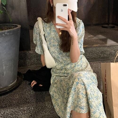 2021 Summer Floral Maxi Dress Women French Sexy Chiffon Dresses Casual Loose Fairy Long Dress Office Lady Robe Femme Chic 15253