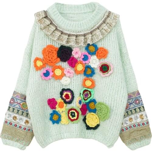 Winter 2021 Sweater Women Sweater Green solid Flowers Crew Neck Long Sleeve Fashion Pullover S ML