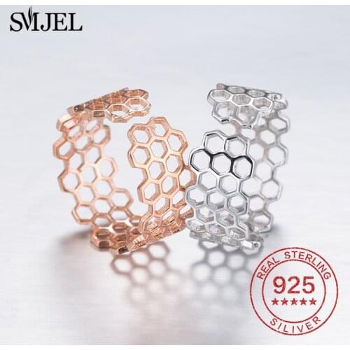 100% 925 Sterling Silver Geometric Ring for Women Wedding Engagement Rose Gold Fashion Honeycomb Statememt Rings Couple Jewelry