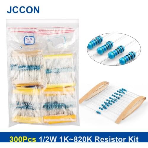 300Pcs 1/2W 1K~820K Metal Film Resistor Assorted Kit 30Values x 10Pcs=300Pcs Sample Kit Color Ring Resistance 1K 1K5 2K