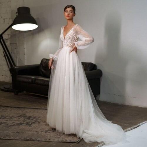 Bohemian Wedding Dresses 2020 V-Neck Lace Appliques Puff Sleeves Cheap Wedding Gowns Bridal Dress For boda