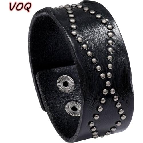 VOQ Punk Style Retro Design Genuine Leather Wide Wristband Rivet Collocation Button Bracelet Bangles for Unisex Jewelry pulseras