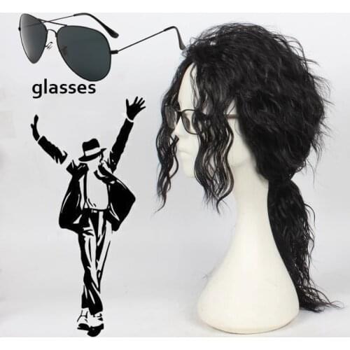 Anime Michael Jackson Long Black Curly Wig Cosplay Costume Hair MJ High Quality Role Play Wigs And glasses Halloween Props