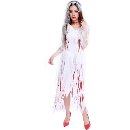 Bloody Adult Women Halloween Corpse Bride Costumes Female Zombie Walking Dead Scary Cosplay Carnival Purim Role Play Party Dress
