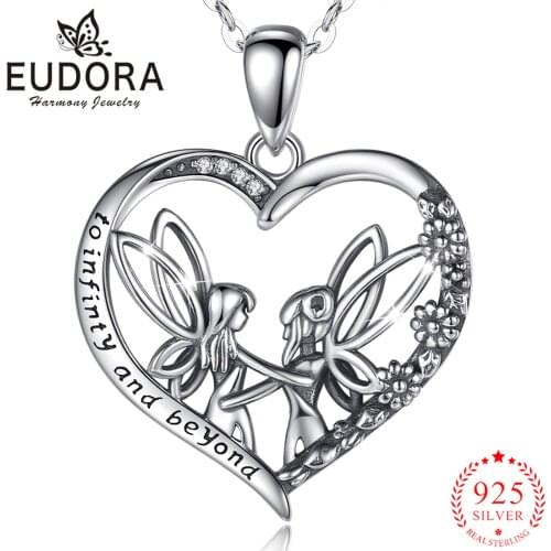 EUDORA 925 Sterling Silver Angel sisters heart Pendant To Infinty And Beyond Clean CZ Friendship Necklace for Women Girl CYD646