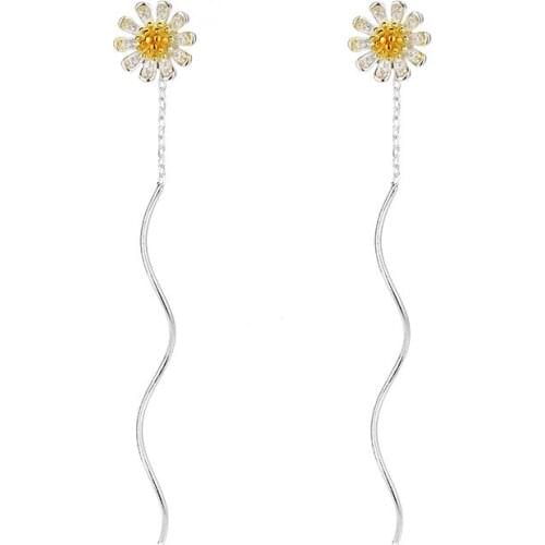 Fashion Female Ear Chain Line Silver Color Small Daisy Ear Line Tassel Long Wave Earrings for Women Pendientes Bijoux