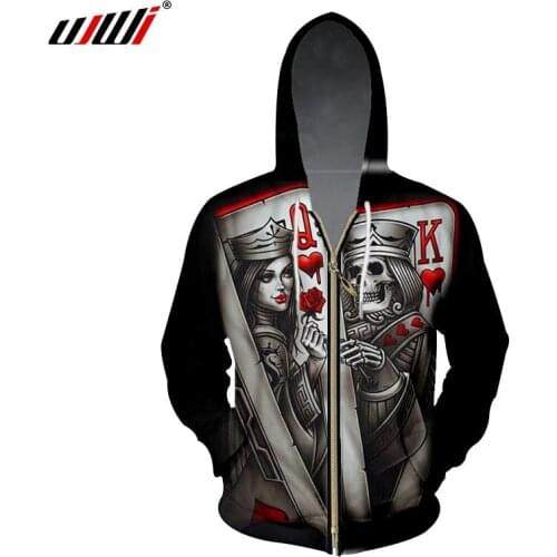 UJWI Zipper Hoodies Men Cool Print Queen And King Poker Skull 3D Sweatshirt Hoodie Man Long Sleeve Hooded Hoody Jacket Dropship