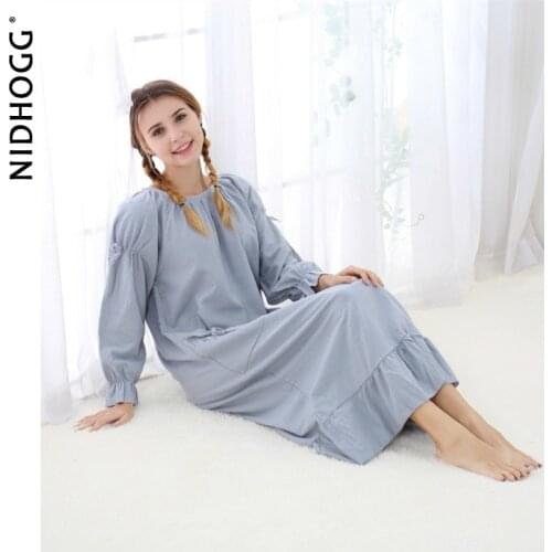 Autumn Cotton and Linen Long Nightgowns Puff Sleeve Solid Sleepshirts Round Neck Sexy Sleepwear Fat Loose Princess Nightdresses