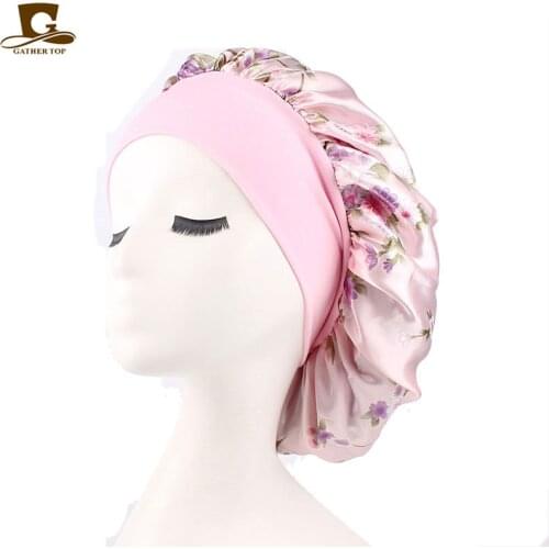 New Fashion Night Sleep Cap Wide Band African Flower Print Satin Bonnet Women Hair Wrap Hat Chemo Beanie Curly Springy Hats