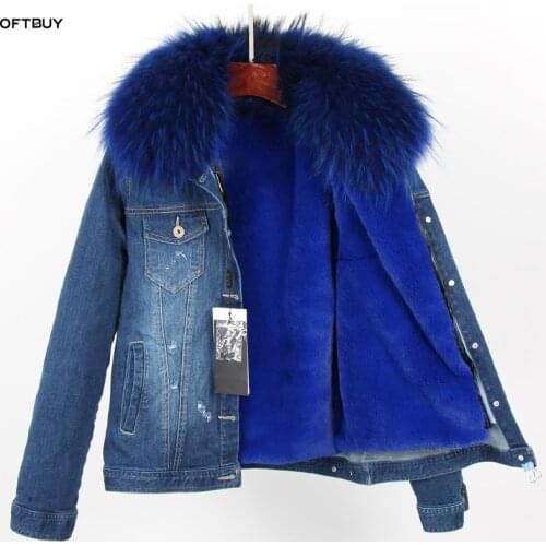 OFTBUY 2021 Winter Jacket Women Real Fur short Coat Parka Real raccoon collar faux liner bomber Denim jacket Streetwear fashion