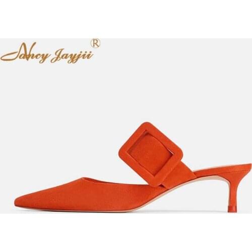 Hot Orange Kitten Med Heels Slippers Slide Pointed Toe Ladies Shoes For Woman Red Flock Buckle Street Style Large Size 12 13 14
