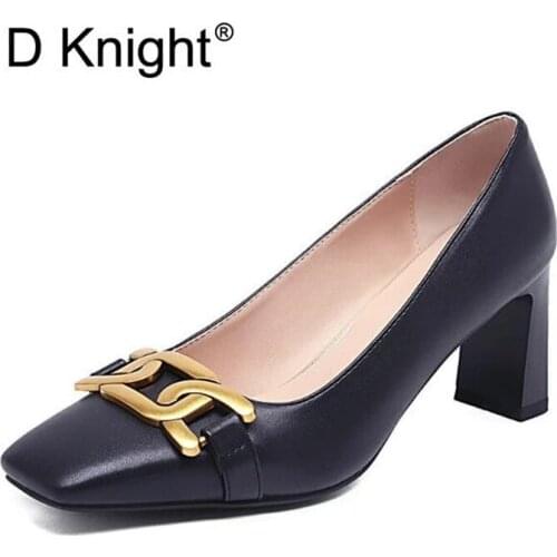 Plus Size 34-48 Women Pumps Shoes Fashion Sqaure Toe Office Lady High Heel Shoes Shallow Mouth Metal Style Female Pumps Footwear