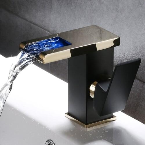 Basin Faucet White Brass Bathroom Sink Mixer Hot & Cold With LED Light Waterfall Type Water Power Generation Lavatory Crane Taps