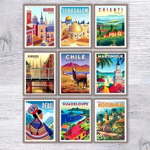 Nordic Vintage Travel Cities Poster Italy Caribbean Chile Minimal Landscape Art Painting Cityscape Wall Picture Home Deco