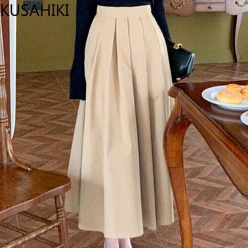 KUSAHIKI 2021 Autumn New Woman Skirts Korean Elegant High Waisted Skirt Causal A-line Mid-calf Faldas Largas Mujer 6L045