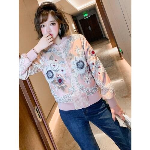 Beaded retro court jacquard zipper Baseball Jacket Womens loose jacket 2021 Spring new High Quality Top Quality