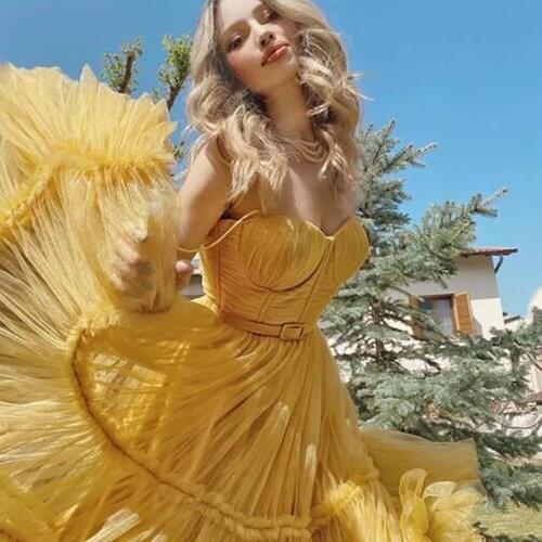 Yellow A Line Tulle Short Prom Dresses 2021Sweetheart Spaghetti Strap New Design Tea Length Formal Party Gown vestidos de fiesta