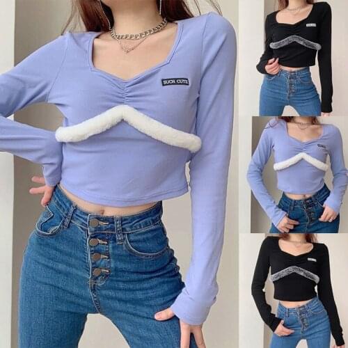 Womens Fashion Square Collar Folded Fur Stitching Slim Short Long Sleeve T-Shirt Tops