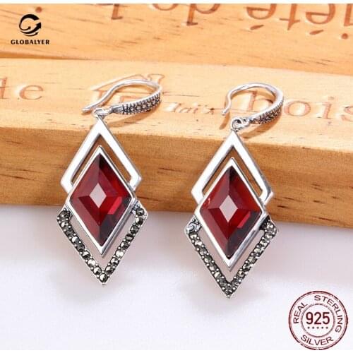 Diamond shaped sterling silver earrings Female 2020 new trendy long style temperament cut Thai silver ruby earring 018