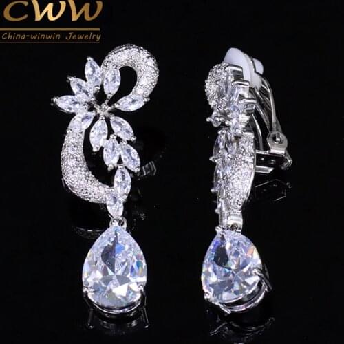 CWWZircons Fashion Water Drop AAA Cubic Zirconia Setting Ear Clip No Pierced Earrings for Women Wedding Jewelry Gift CZ018