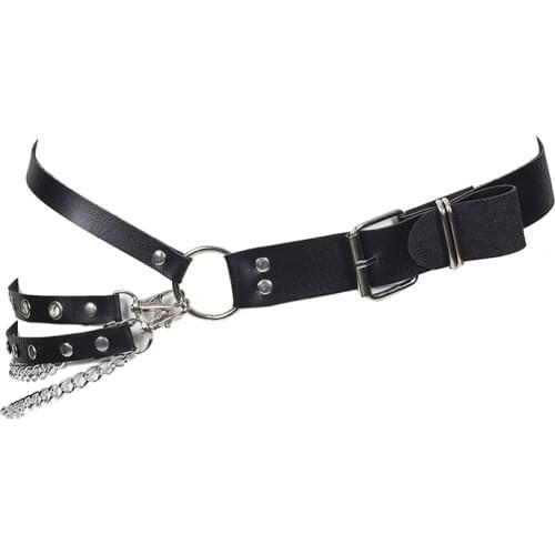 Fashion Women Gothic Punk Waist Belt Chain Metal Circle Ring Design Silver Pin Buckle Leather Black Waistband Jeans Waist Belts