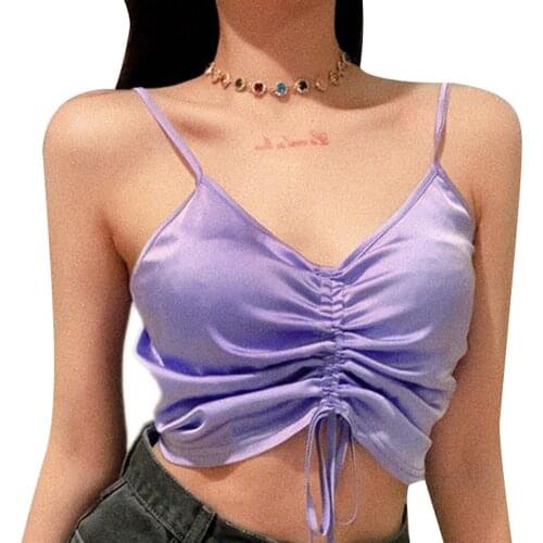 Womens Sexy Sleeveless V-Neck Backless Casual Ruched Drawstring Front Chest Solid Color Cropped Camisole 2020 New Arrival