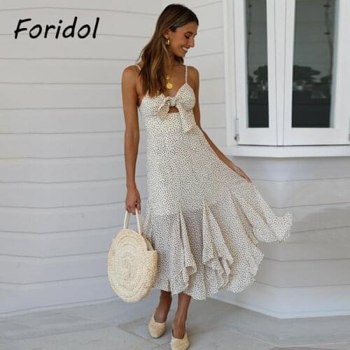 Foridol Backless Women Summer Bohemian Beach Dress Famale Polka Dot Maxi Long Dress Hollow Out Bownot Front Vestidos Mujer