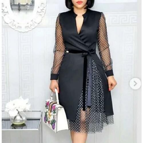 Women Dress Patchwork Mesh Long Sleeves with Waist Belt Office Ladies Fashion Modest Female Navy Blue Black White Large Ladies