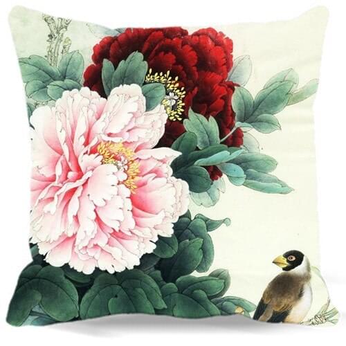 2017 Spring Square 16" 18" 19" Flowers pattern White red peony and bird cotton polyester cushion cover for sofa home car decor