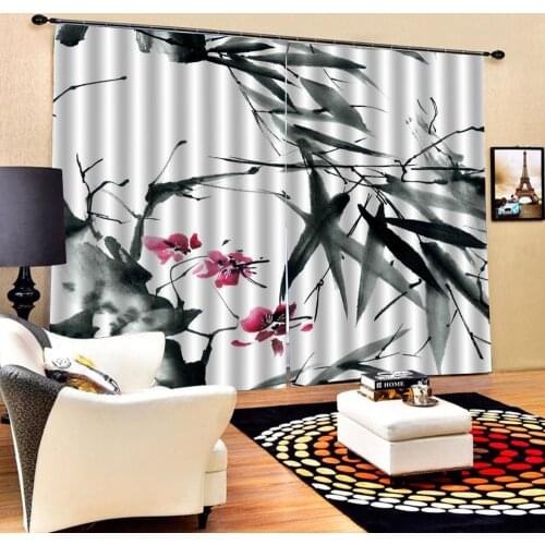 3D Curtain Ink bamboo painting Flowers print Chinese Customized 3D Blackout Curtains Living Room Bedroom Hotel