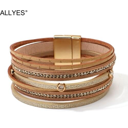 ALLYES Boho Multilayer Rhinestone Chain Leather Bracelet for Women Fashion Crystal Bracelets Bangles Casual Femme Jewelry Gifts