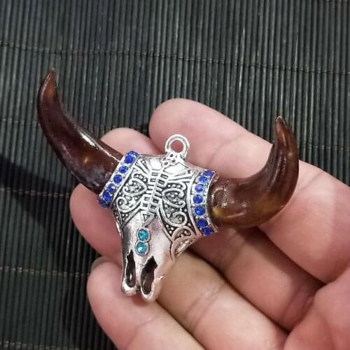 Antique Tibetan Silver ox head tooth Set Necklace Pendant
