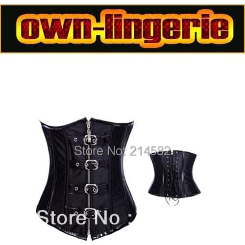 Black Leather Corset Zipper with Buckle Front Lace up Back underbust leather corset S-XXL w3307