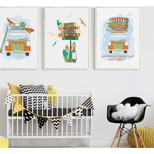 Nordic Style Kids Decor Cartoon Car Surfing Canvas Painting Nursery Baby Room Wall Art Picture for Living Room Posters and Print
